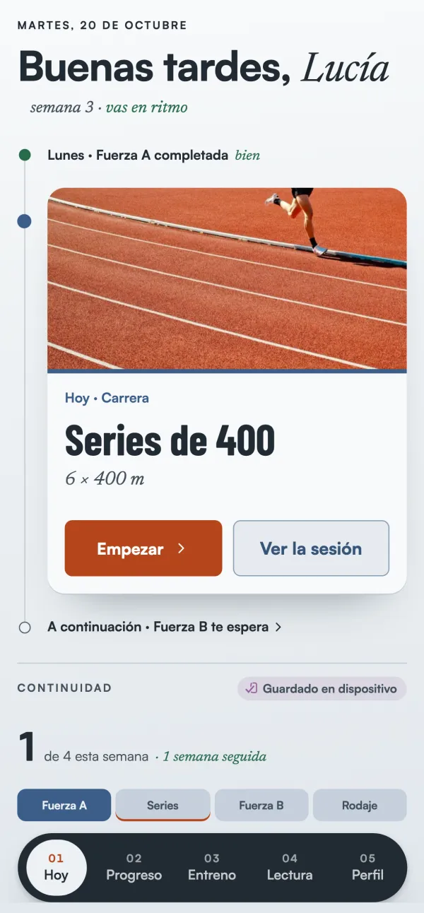 La pantalla Hoy de Kaira: «Buenas tardes, Lucía», la sesión del lunes completada y la de hoy, carrera, series de 400, con el botón Empezar.